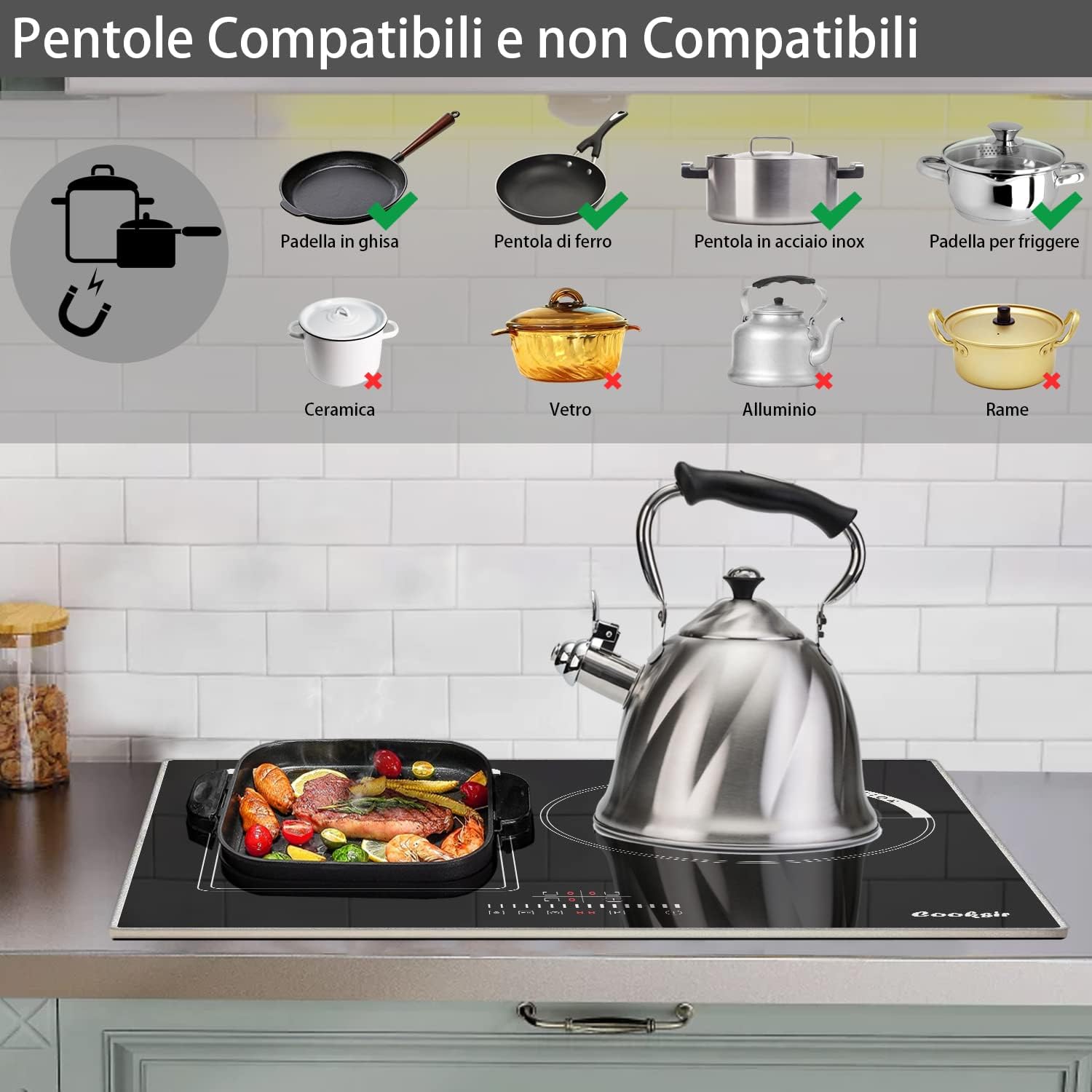 Piano Cottura Induzione con Spina, Cooksir Piano di Cottura a 4 Piastre, 3500W, Piano di Cottura da Incasso con Zona Flex, Blocco del Bambino, Comando a Sfioramento a Scorrimento Piano Cottura Induzione con Spina, Cooksir Piano di Cottura a 4 Piastre, 3500W, Piano di Cottura da Incasso con Zona Flex, Blocco del Bambino, Comando a Sfioramento a Scorrimento