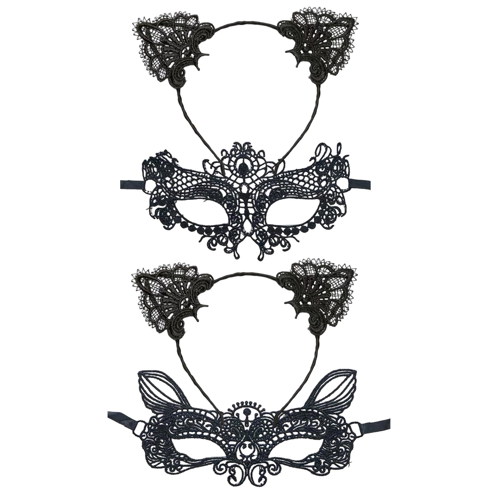 EDLMKM Cat Mask and Cat Ears Headband for Women, Black Lace Venetian Party Sexy Eye Mask, Costume Accessories, for Women's Masquerade Ball Fancy Dress Elegant Prom Halloween