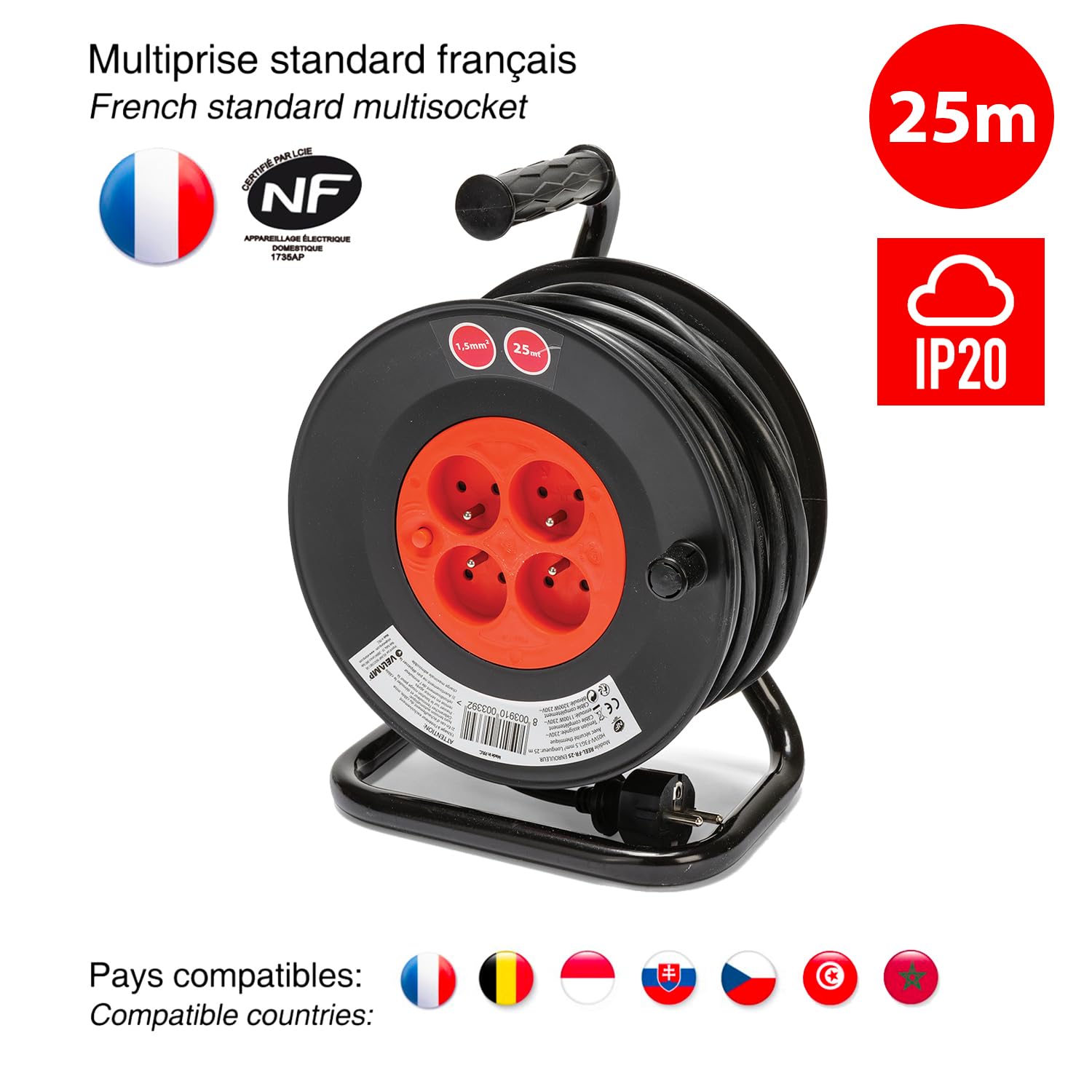 Velamp REEL-FR-15 - Alargador eléctrico (15 m, 4 enchufes, 16 A, sección 3G1,5 mm2), color negro y rojo