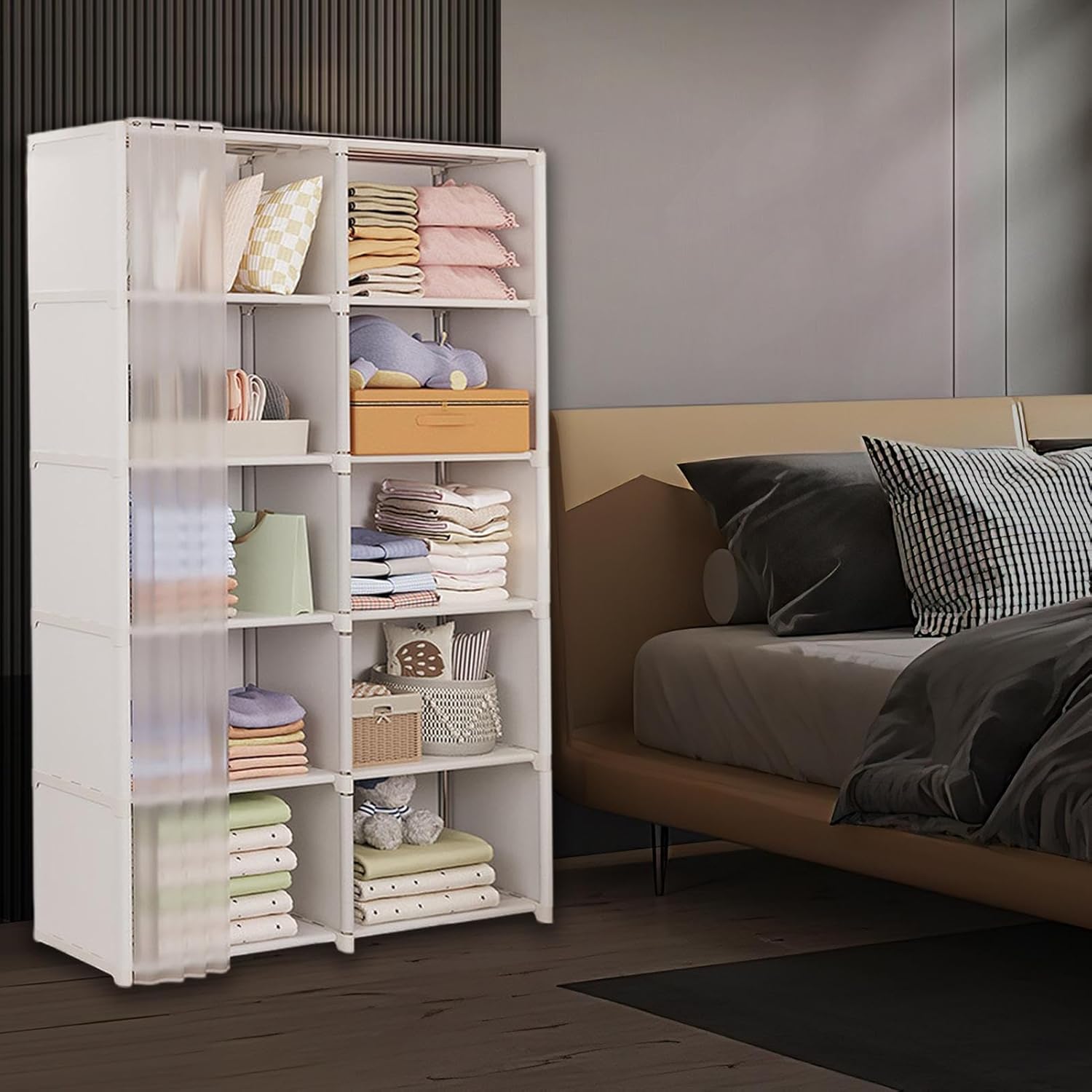 FreestandingsClothes Closet, Portable Wardrobe, Heavy Duty Garment Shelf, Storage Organizer, Steel Frame, Non-Woven Fabric Cover, Bedroom, Guest Room