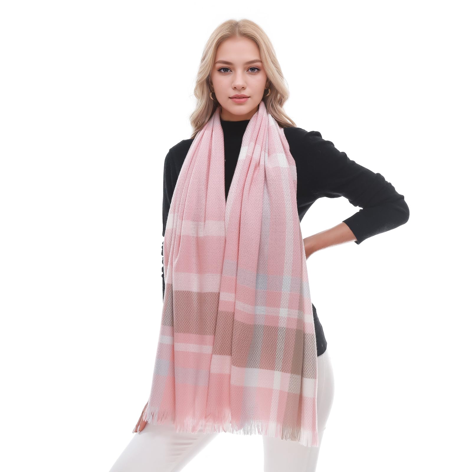 Bufanda a cuadros para mujer, bufandas de invierno cálidas de gran tamaño, bufandas de tartán, Rosa/Caqui/Azul 6