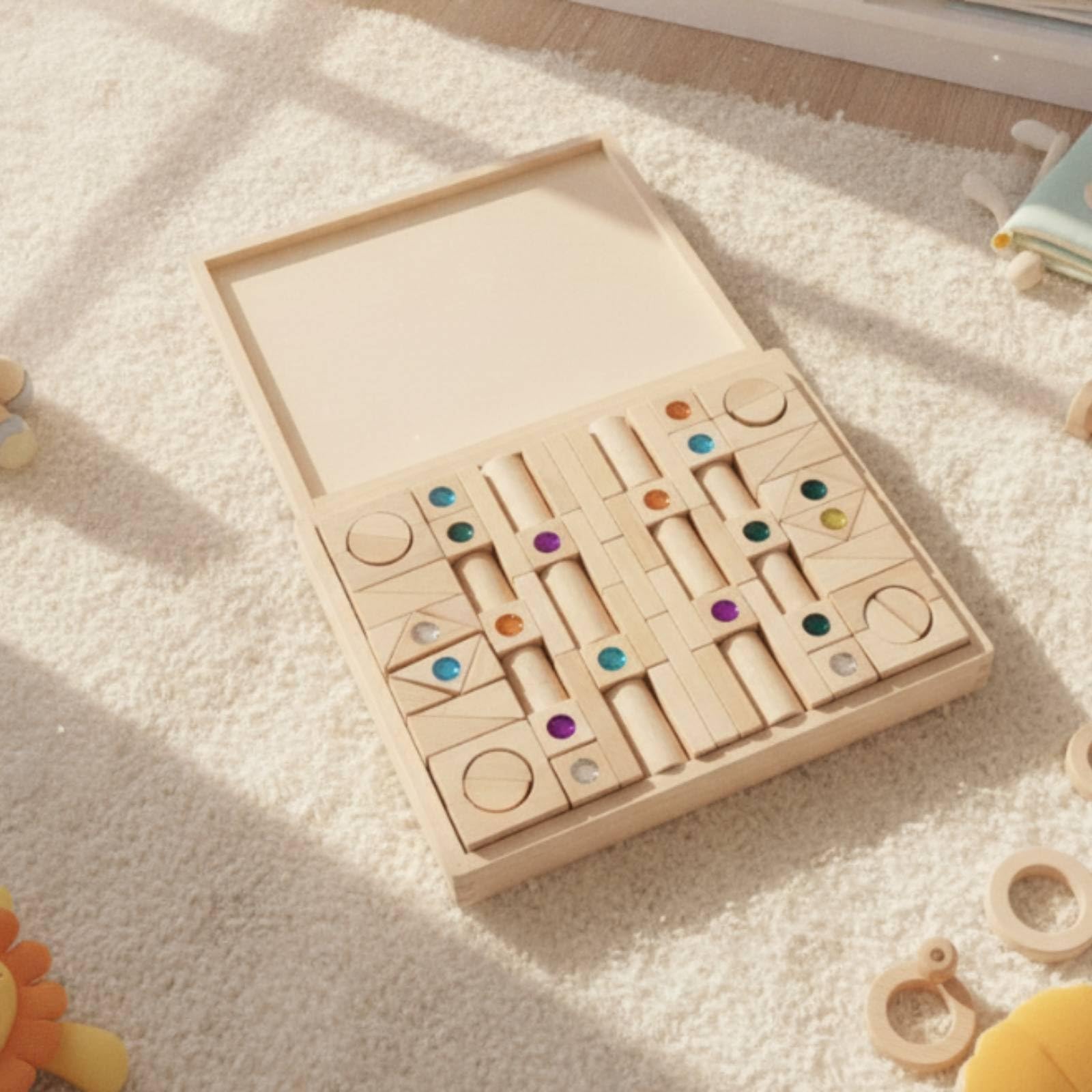 128 Pezzi Costruzioni in Legno con Gemme Educativo Blocchi di Legno con Gemme Acriliche Traslucidi Blocchi Impilabili per Scuola Scuola Dell'infanzia
