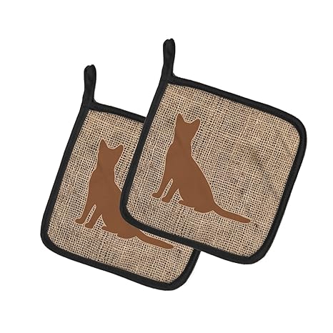 Caroline's Treasures Cat Faux Burlap & Brown Pair of Pot Holders BB1071-BL-BN-PTHD, 7.5HX7.5W, Multicolor