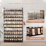 10 Tier Shoe Rack, Large Capacity Tall Shoe Storage Organizer Holds 50-55 Pairs Shoes and Boots, Vertical Shoe Shelf Cabinet with Versatile Hooks for Closet Entryway Garage Bedroom