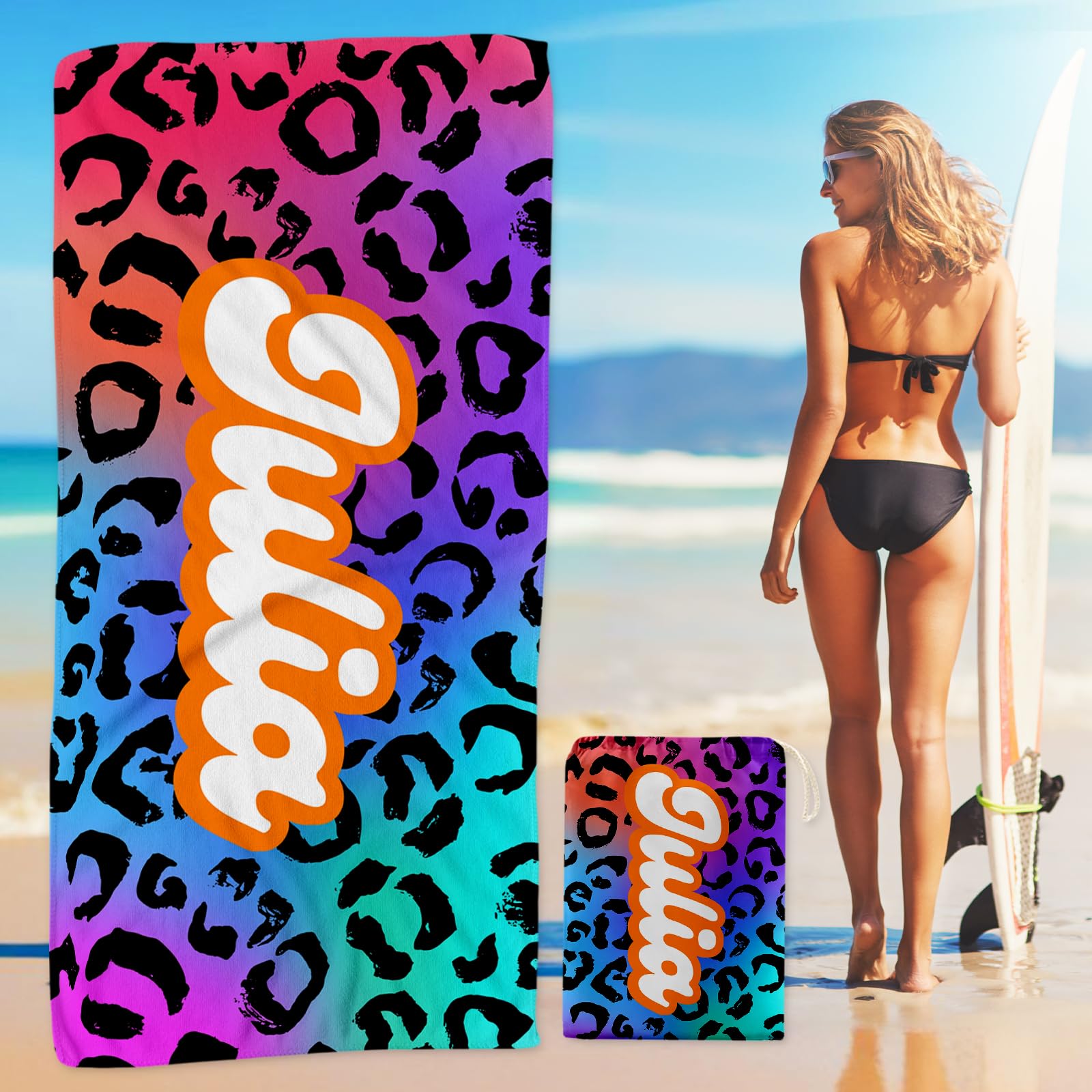 Personalized Large Beach Towel with Bag, Custom Oversized Pool Towels with Name Microfiber Towels for Kids Adults, Quick Dry Beach Towels for Travel