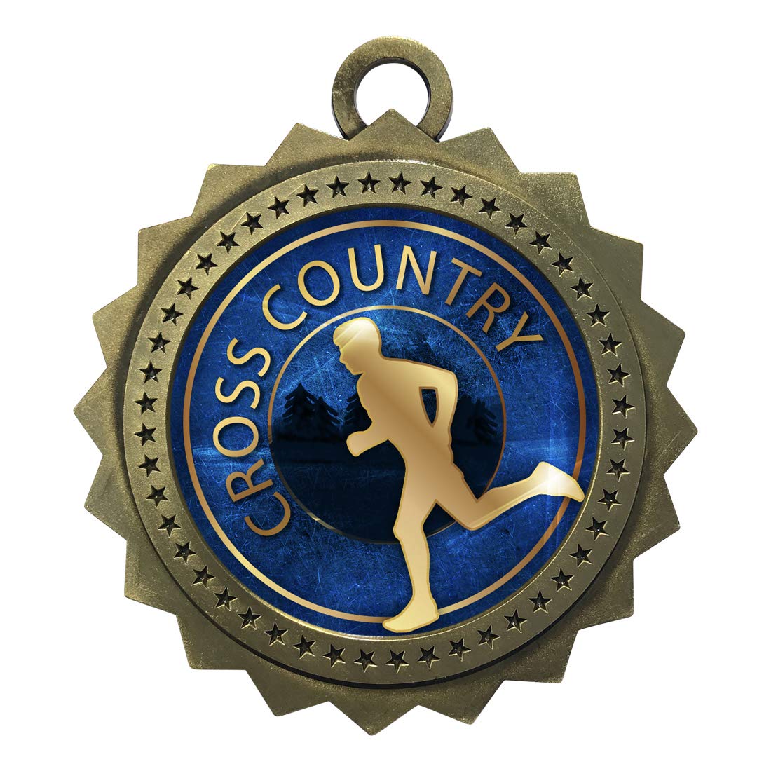 Custom Engraved Large 3 inch Die-Cast Metal Cross Country Award Medal Medallion with Antique Gold Finish and Attached 2 Inch Full Color Laminated Sport Insert.