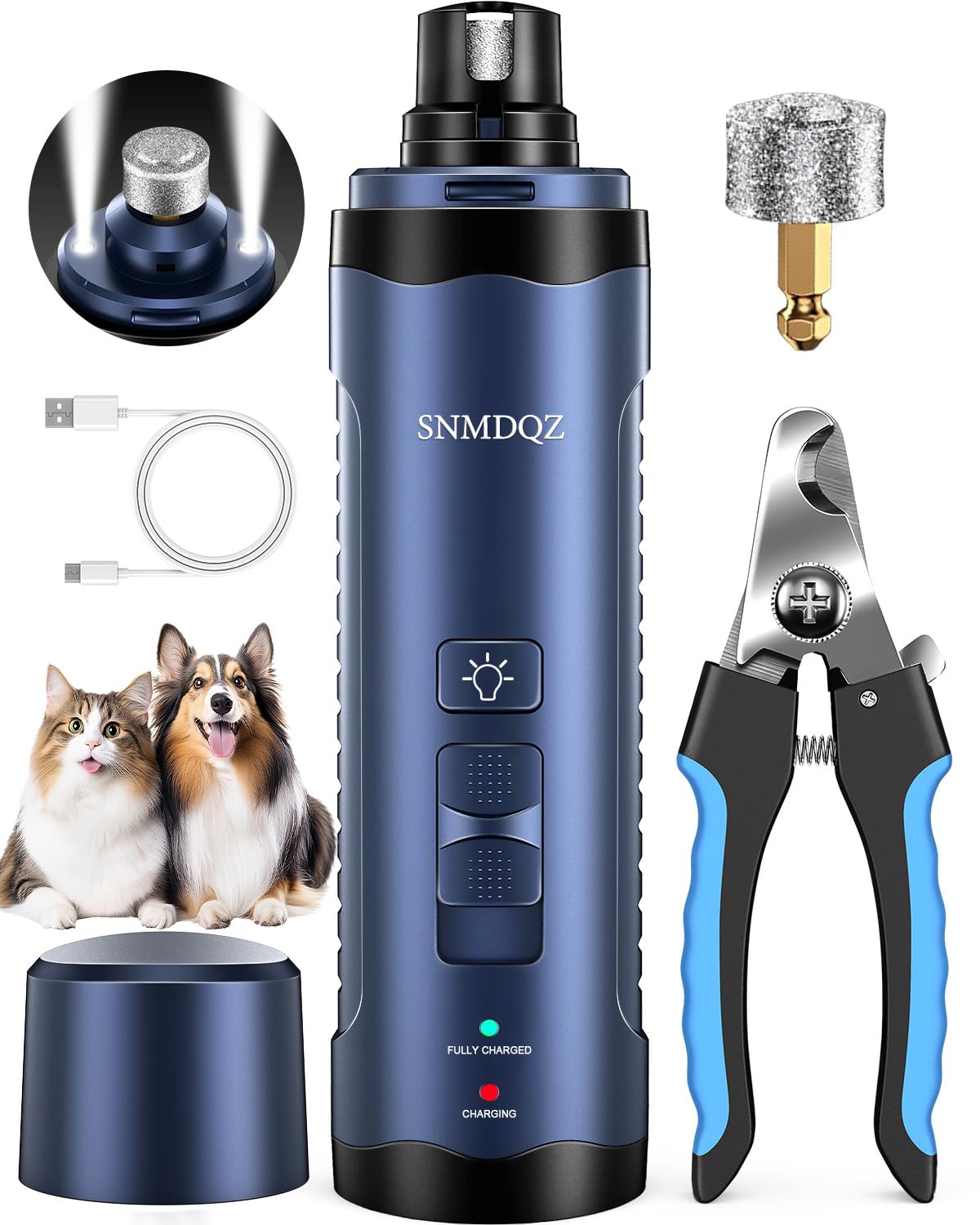 Dog Nail Grinder, Dog Nail Trimmers, and Clippers Kit with 2 LED Lights. Super Quiet Electric Pet Nail Grinder, Rechargeable, for Small, Medium, and Large Dogs & Cats, 2 Diamond Grinding Wheels.