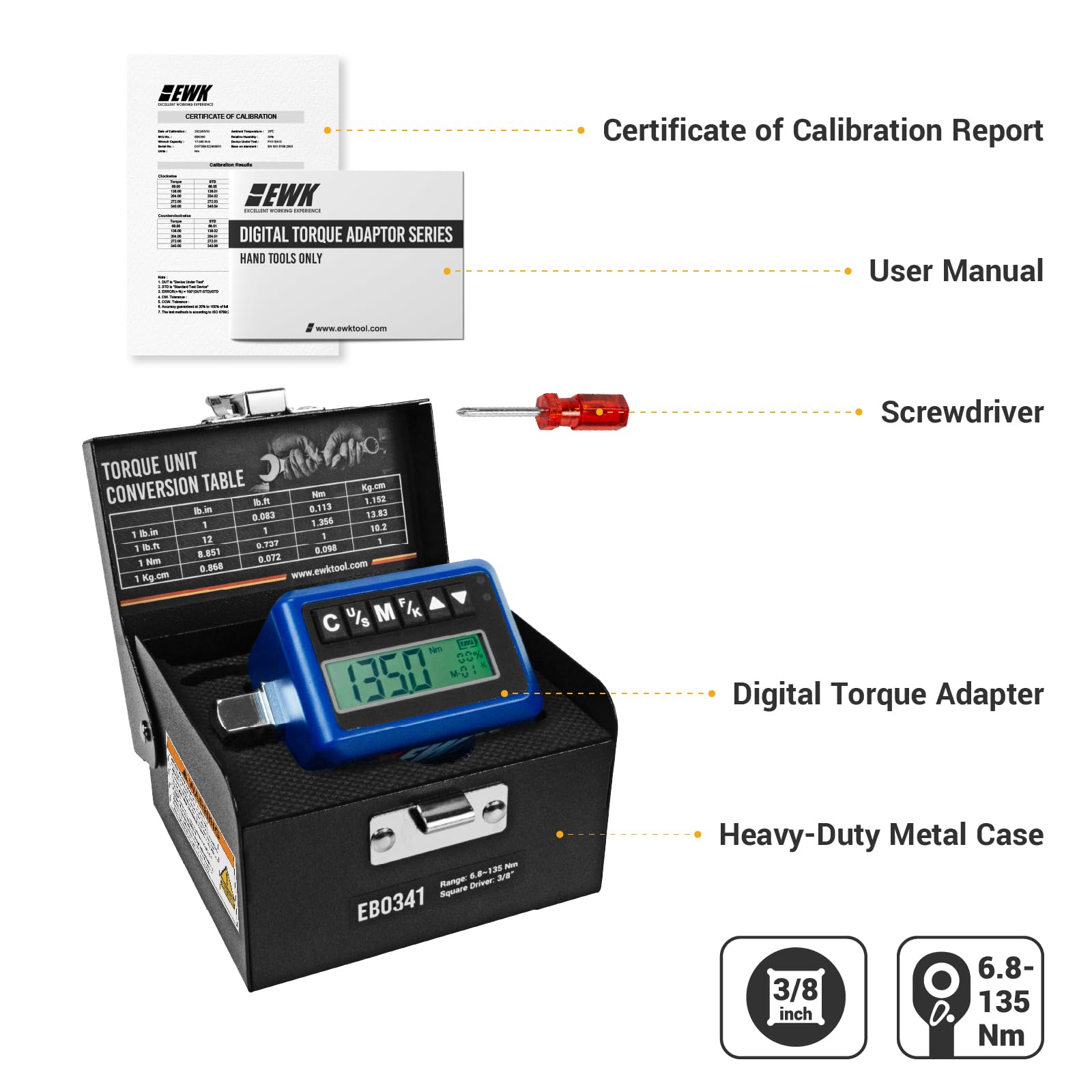 EWK 3/8-inch Drive Digital Torque Adapter 5-100 ft-lbs (6.8-135 Nm