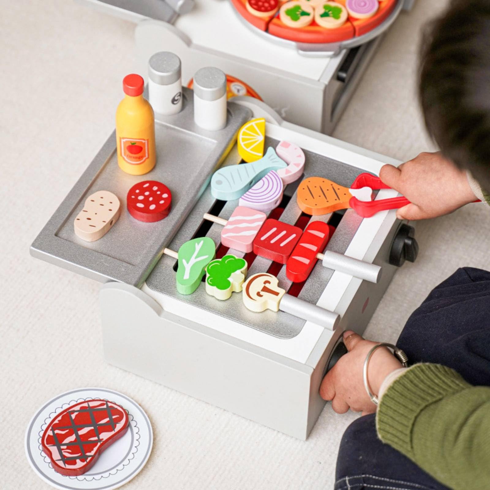 Kinder Spielofen Holz Grillofen Küche Rollenspiel Set Backofen Kochherd Lernspielzeug Förderung Organisieren Stabil Langlebig für Vorschule Kindergarten Zuhause Geschenk