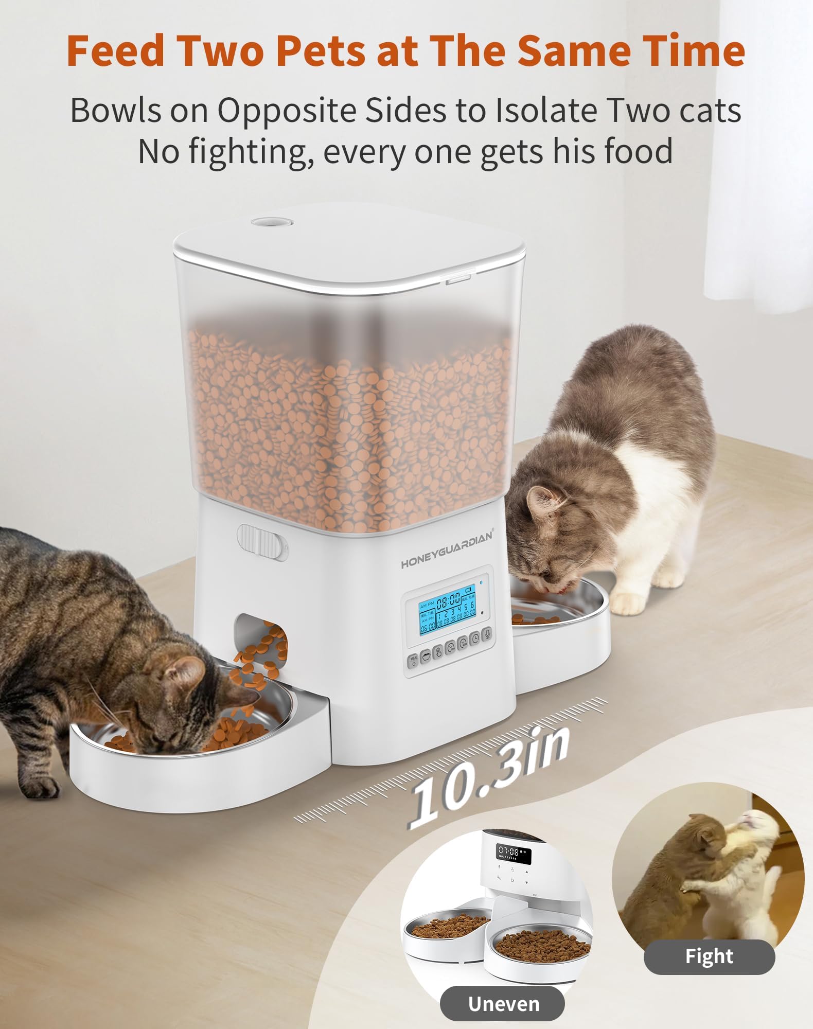 HoneyGuaridan Distributore Automatico Cibo Gatti Doppio, 2 Scivoli Separati per la consegna del Cibo, 3.5L Dispenser Crocchette Gatto con Timer, 1-6 Pasti/Giorno, Sigillato per mantenerlo fresco