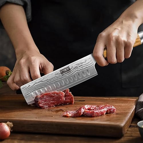 Miniatura 5 de HOSHANHO Cuchillo Damasco Nakiri de 6.5 pulgadas, súper afilado Damasco 10Cr15CoMoV, cuchillo de cocina japonés, cuchillo de cocina y cuchillo para