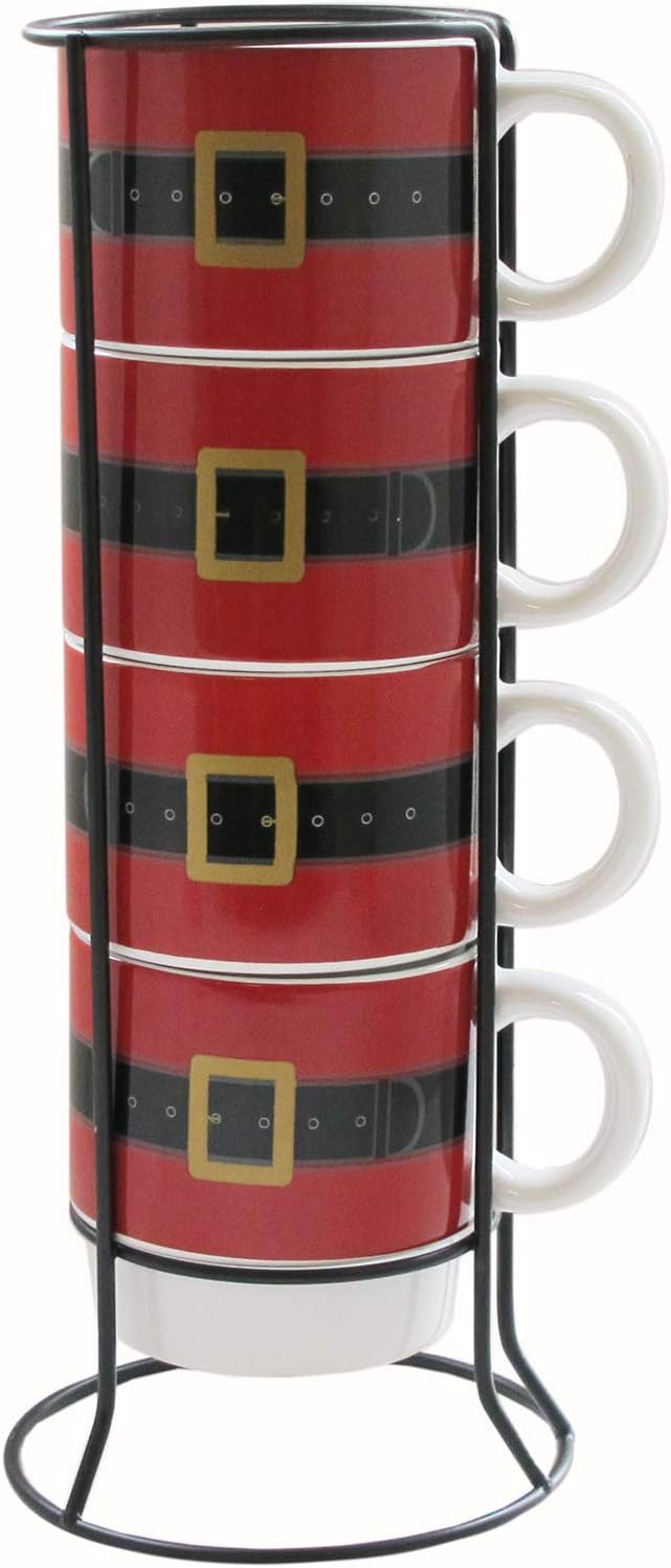 American Atelier Ceramic Mug & Rack Set – 4 Cups & Standing Metal Rack for Kitchen Countertop, Island, or Café Display – Gift for Tea & Coffee Lovers – Holiday Design, 14 oz, Santa's Belt