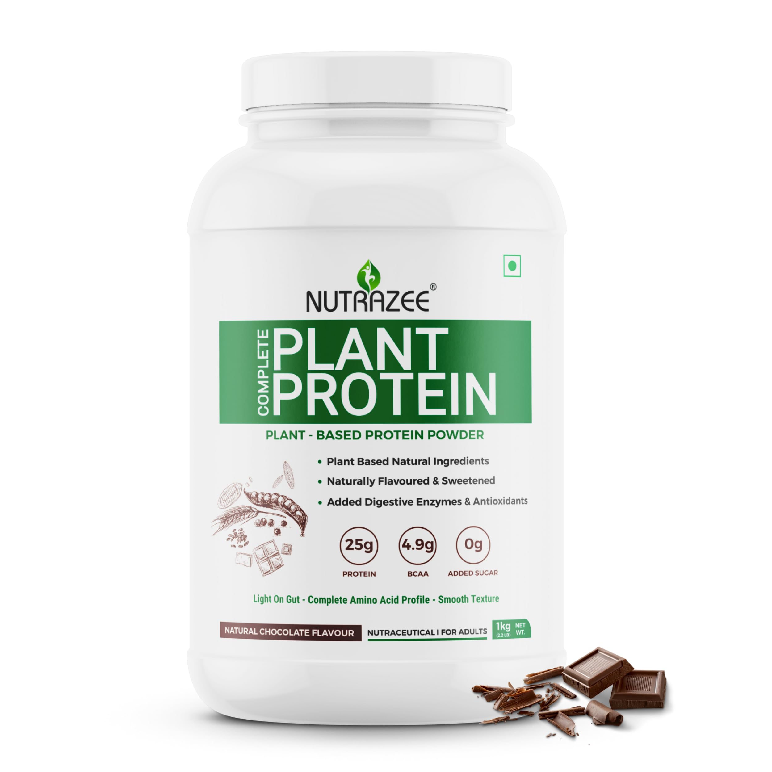 Nutrazee 100% Plant Protein Powder Vegan - For Men & Women, Natural Chocolate Flavour, Gluten & Lactose Free, Added Digestive Enzymes & Antioxidants (1kg, 28 Servings)