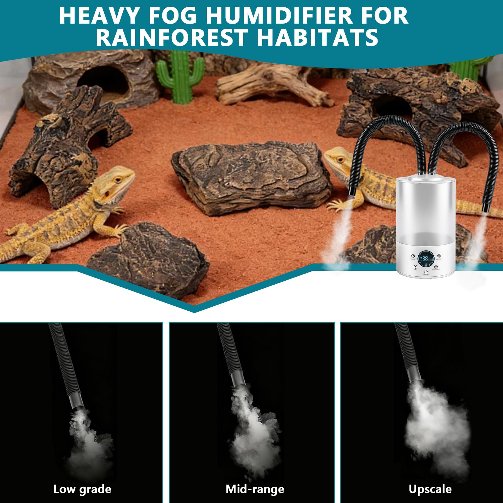 Humidificador de aire para reptiles de 4 litros, dispositivo de niebla de terrario con 420 ml/h y doble tubo, máquina de niebla para reptiles ultrasilenciosa, para terrario, apagado automático en
