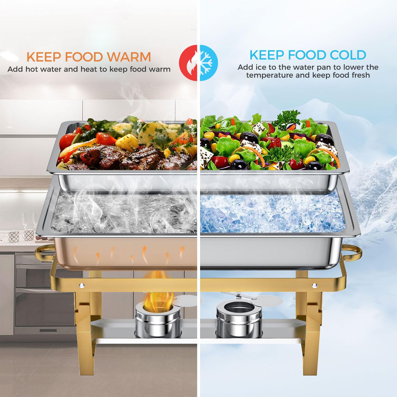 Set scalda buffet in acciaio inox 4L + 9L con effetto oro – 2 in 1 Chafing Dish professionale per catering ed eventi, pieghevole, antiruggine, con controllo della temperatura e supporto del