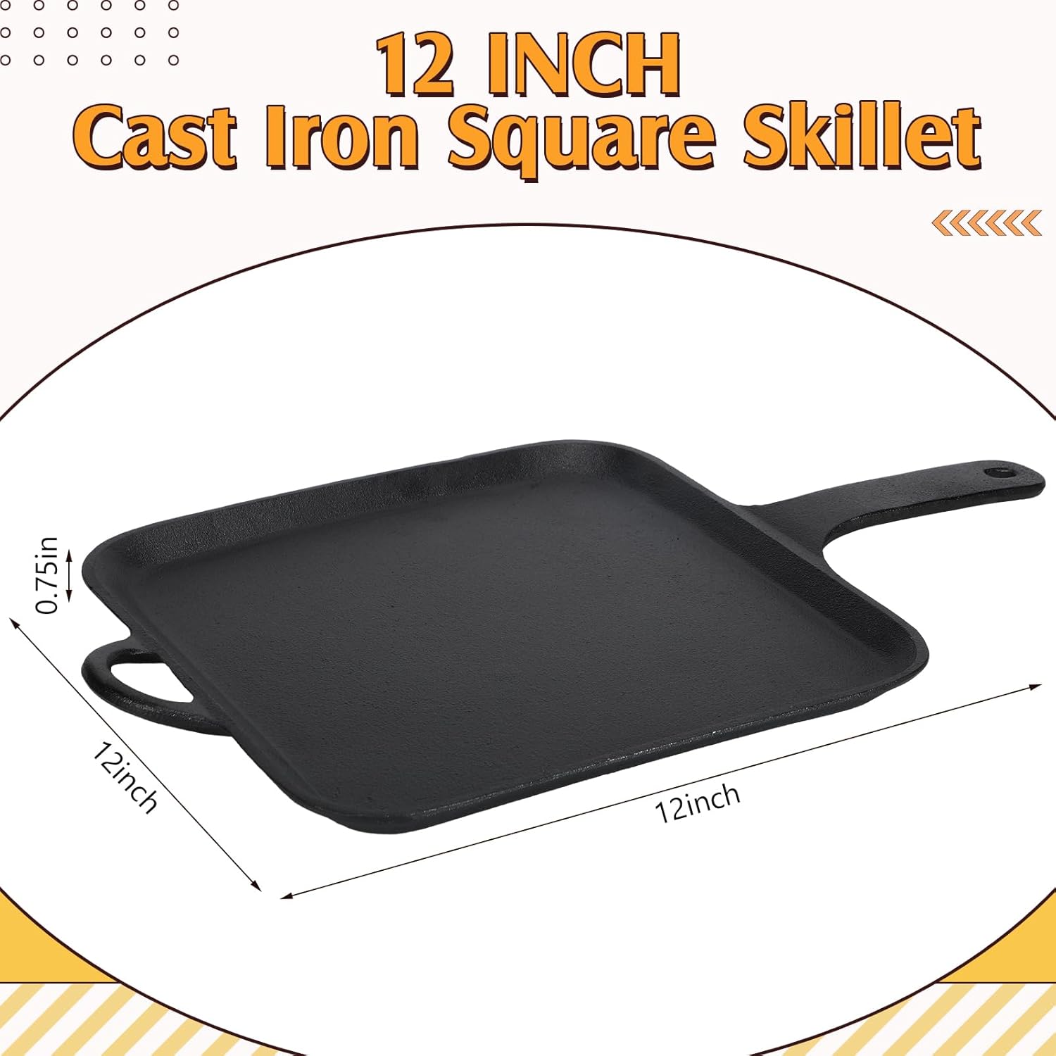 12 Inch Cast Iron Square Griddle, Seasoned Flat Skillets with Ring Handle, Cast Iron Square Griddle Pan for Stove Top, Stylishly Designed &heat Resistant for Kitchen Cooking