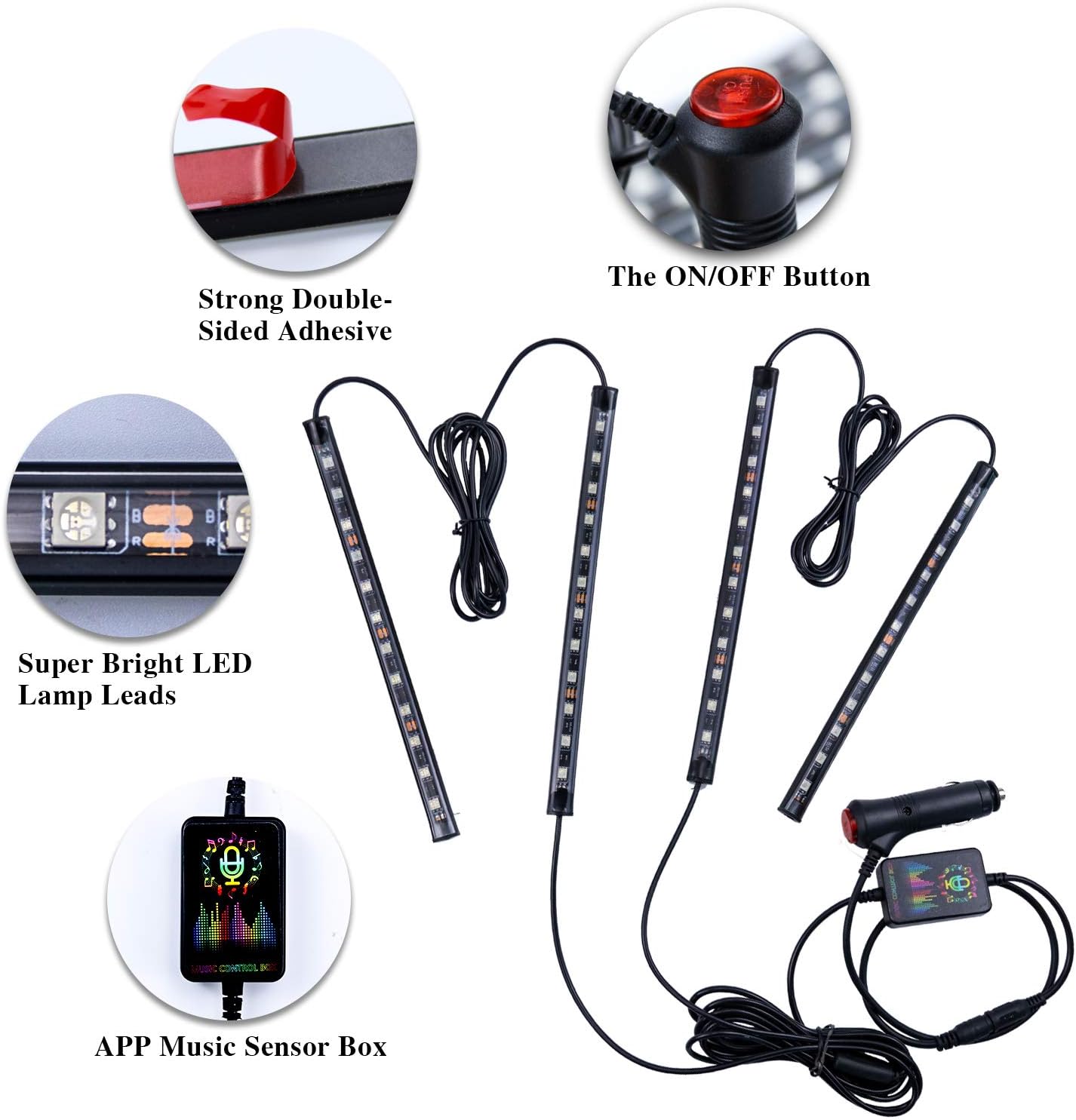 LivTee 12V Interior Accessories Car Lights, Two-Line Design 4pcs 48 LED Multi DIY Color Music Under Dash Car Lighting Waterproof Kits with APP Controller, Car Charger Included : Automotive