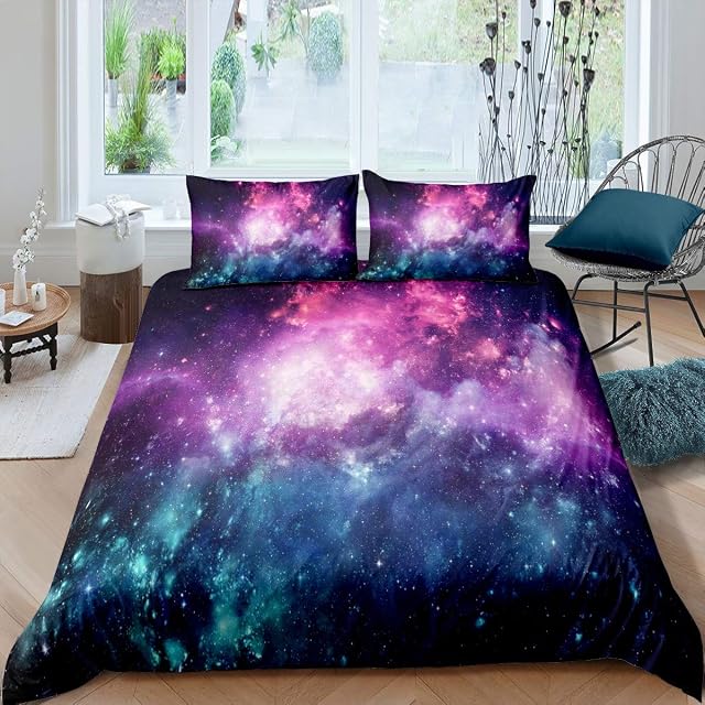 Galaxy Bedding Set, Girls Boys Kids Teen Comforter Cover, Outer Space Duvet Cover Galaxy Stars in Space Celestial Astronomic Planets, Decorative Soft Bedclothes Blue Purple Single Size