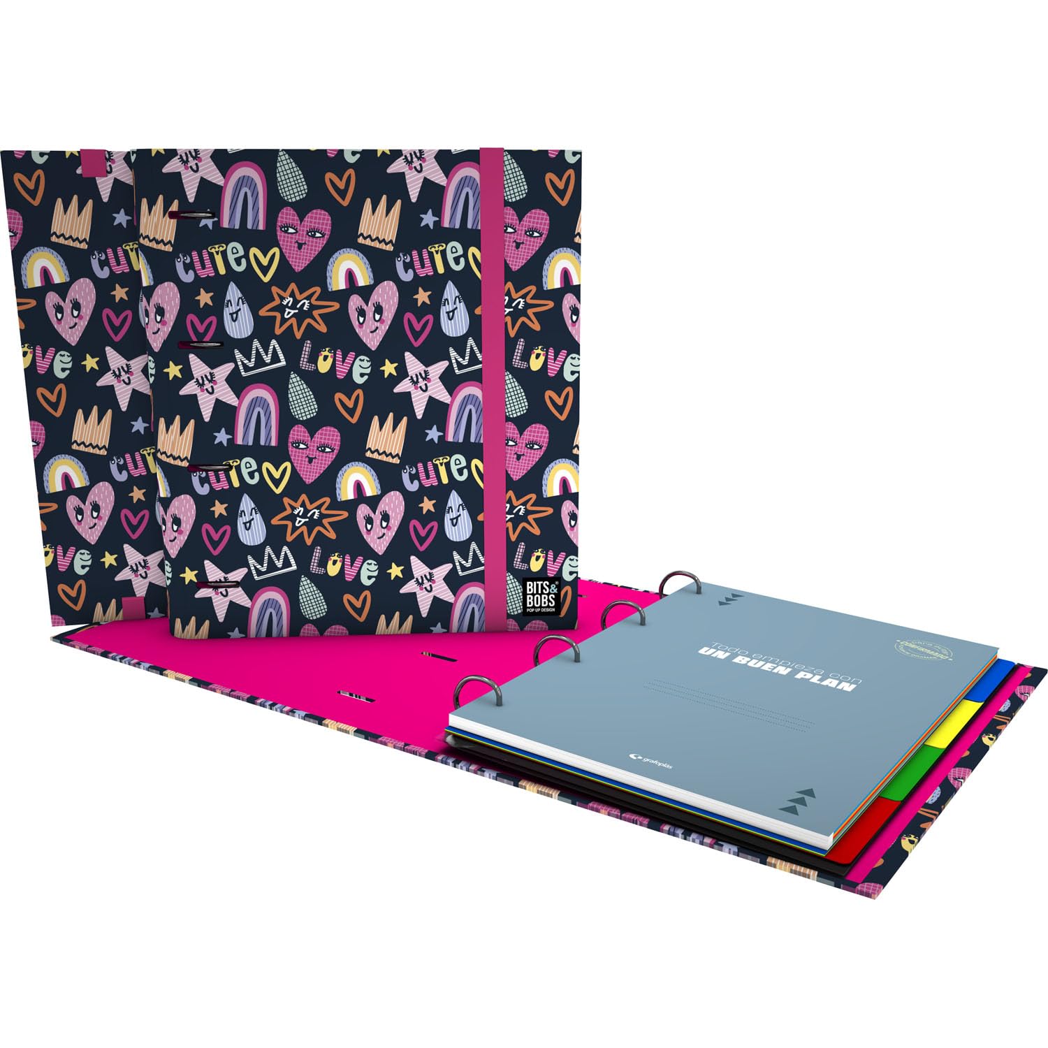 Grafoplas - Folder Rings A4, Carpebook Bits&Bobs Cute, Includes Refill + dividers + Planner + Stickers + Transparent Envelope, Perfect for schoolchildren
