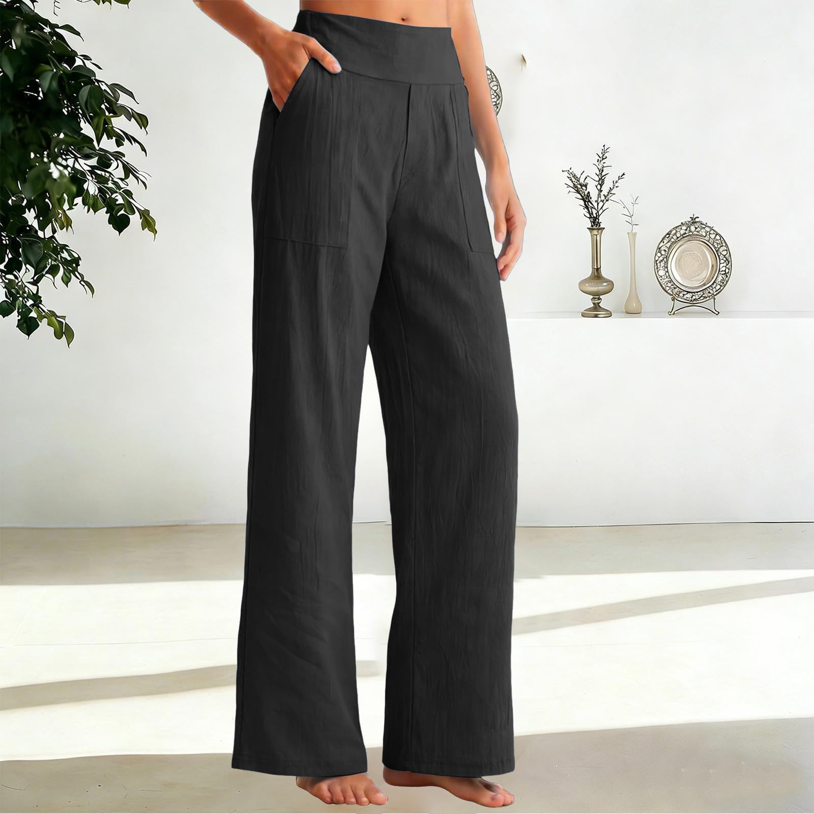 Generico Pantaloni Donna Estivi in Cotone e Lino Eleganti Elastico Vita Alta Pantaloni Donna Larghi Leggeri e Comodi a Gamba Larga Casual Yoga Pantalone Gamba Dritta con Tasche per Business Ufficio
