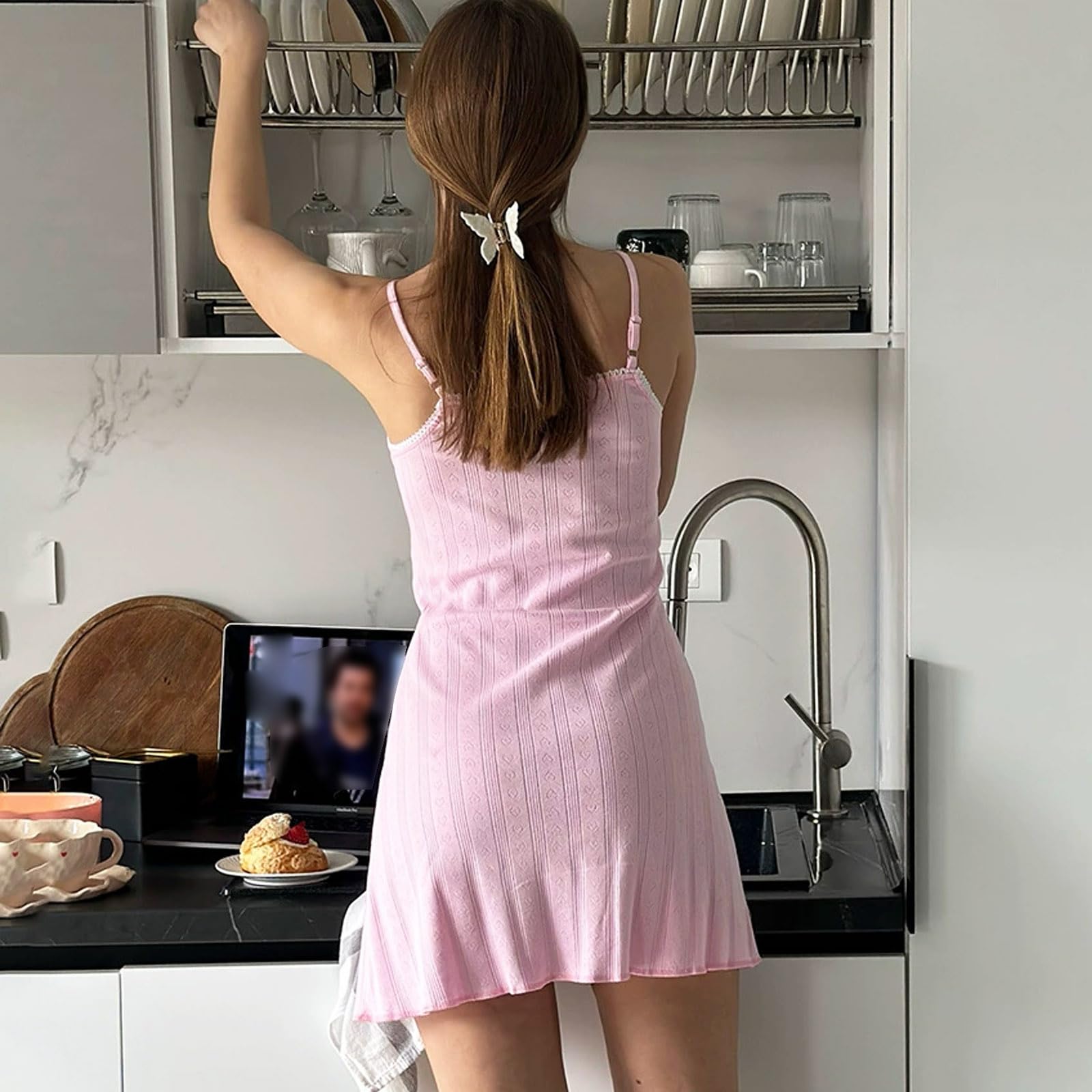 Damska dzianinowa sukienka na ramiączkach z regulowanymi ramiączkami, prążkowana krótka koszula nocna, wzór z koronkową lamówką,A. pink,L（60~70kg）