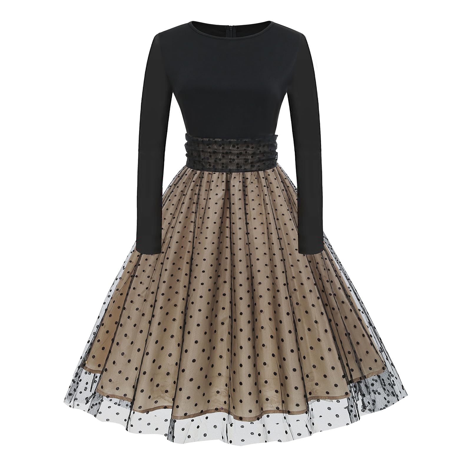 Womens 1950s Vintage Cocktail Party Dress Long Sleeve Polka Dots Mesh Retro Rockabilly Swing Dresses Fall Dress