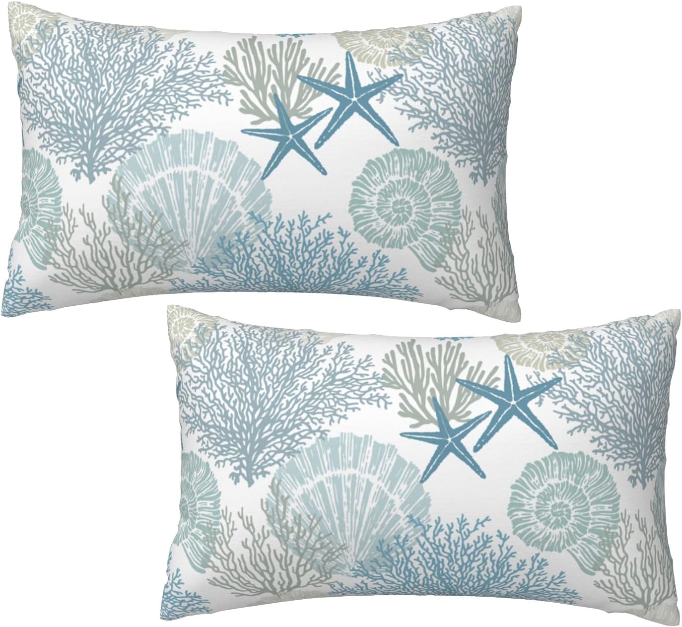 Nautical Coastal Throw Pillow Covers 12x20 Set of 2, Beach Themed Ocean Seashell Coral Starfish Couch Lumbar Pillow Cover Outdoor Sofa Cushion Cover for Bedroom Living Room