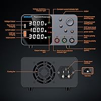 Vista 8 de Fuente de alimentación DC, fuente de alimentación de banco 30V 10A con ajuste de codificador, carga rápida USB&Type-C 5V/3.6A, fuentes