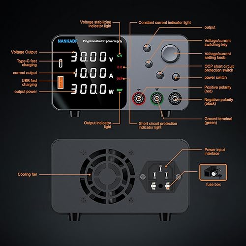 Miniatura 8 de Fuente de alimentación CC, fuente de alimentación de banco de 30 V 10 A con ajuste de codificador, carga rápida USB y tipo C de 5 V3.6 A, fuentes de