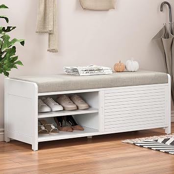 Shoe Bench with Cushion, Storage Bench with Padded Seat, Hidden Storage with 3 Compartments, Antique Shutter Design with Acacia Wood Veneer Ottoman for Entryway, Hallway, Living Room, Bedroom White