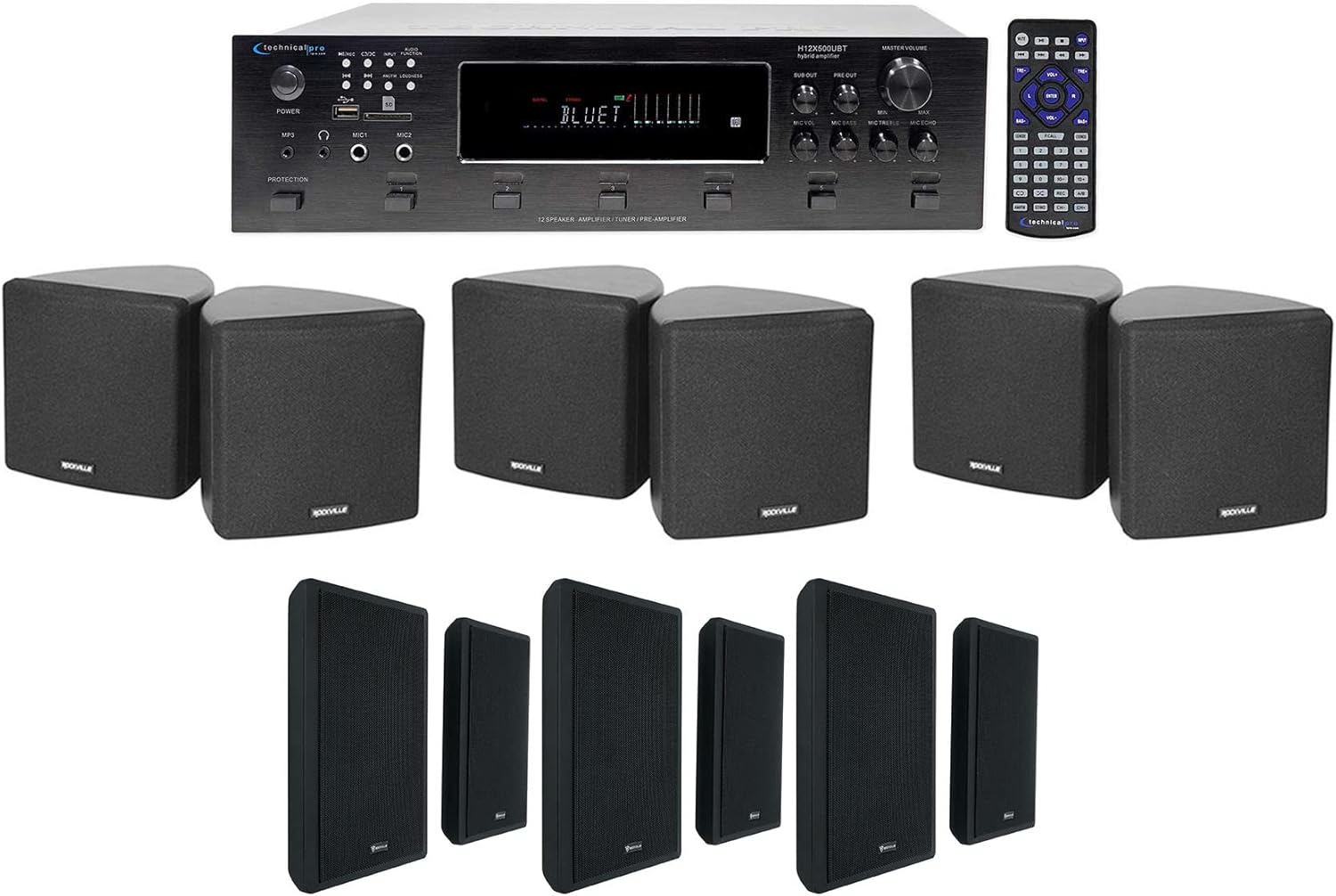 Technical Pro H12X500UBT 6-Zone Home Theater Receiver+6 Black Cube+Wall Speakers