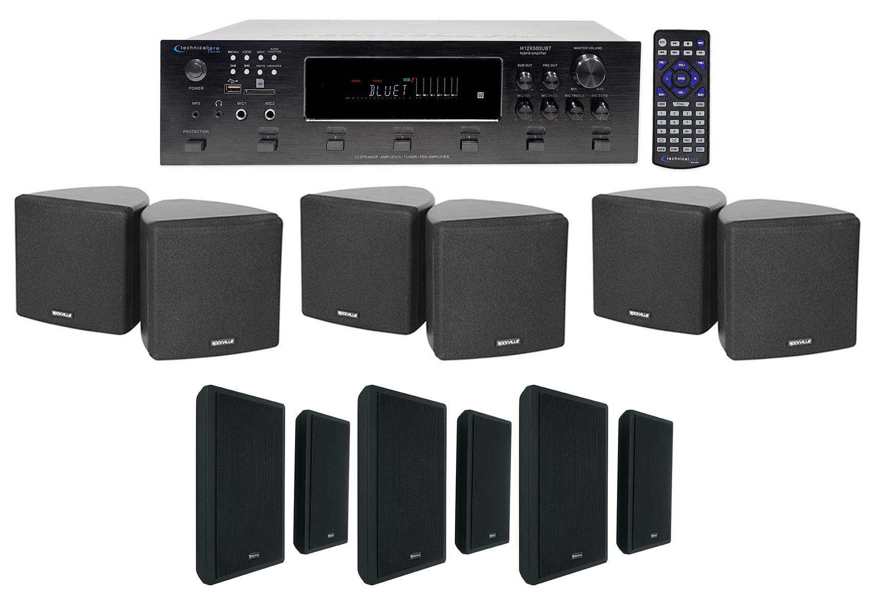 Technical Pro H12X500UBT 6-Zone Home Theater Receiver+6 Black Cube+Wall Speakers
