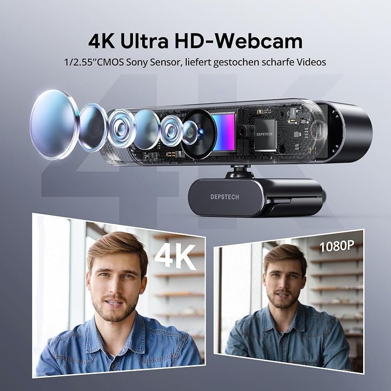 DEPSTECH DW50 Pro 4K Ultra HD Webkamera Mikrofonnal, 3x Zoom, Sony Szenzor, Zajszűrő Kettős Mikrofon, Távirányító, Autofókusz PC, Laptop, Ma