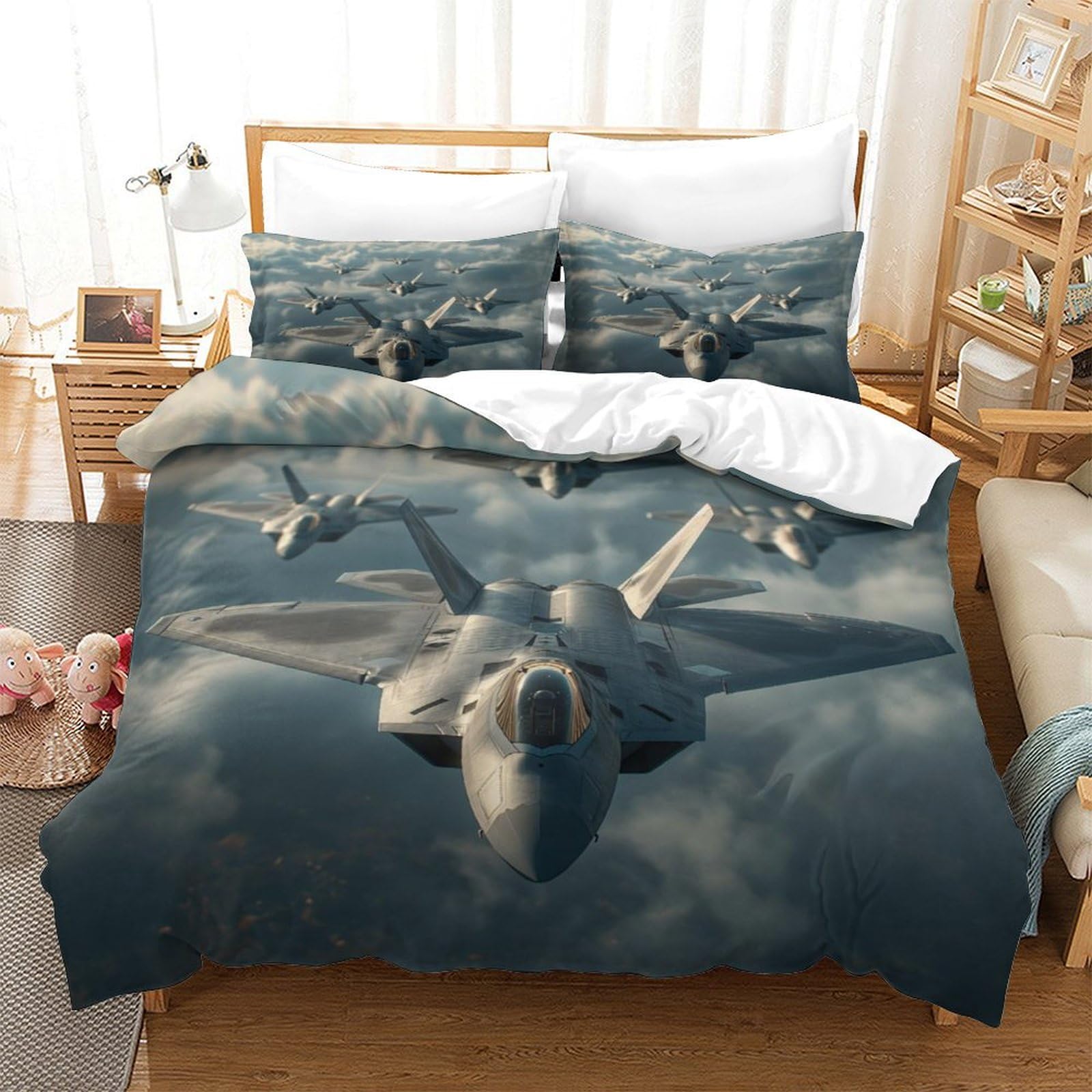 P1S9U7W5Y Aviation Theme 3D Printed Fighter Jet Duvet Cover Set 3pcs Microfiber Airplane Bedding Set King（220x240cm）