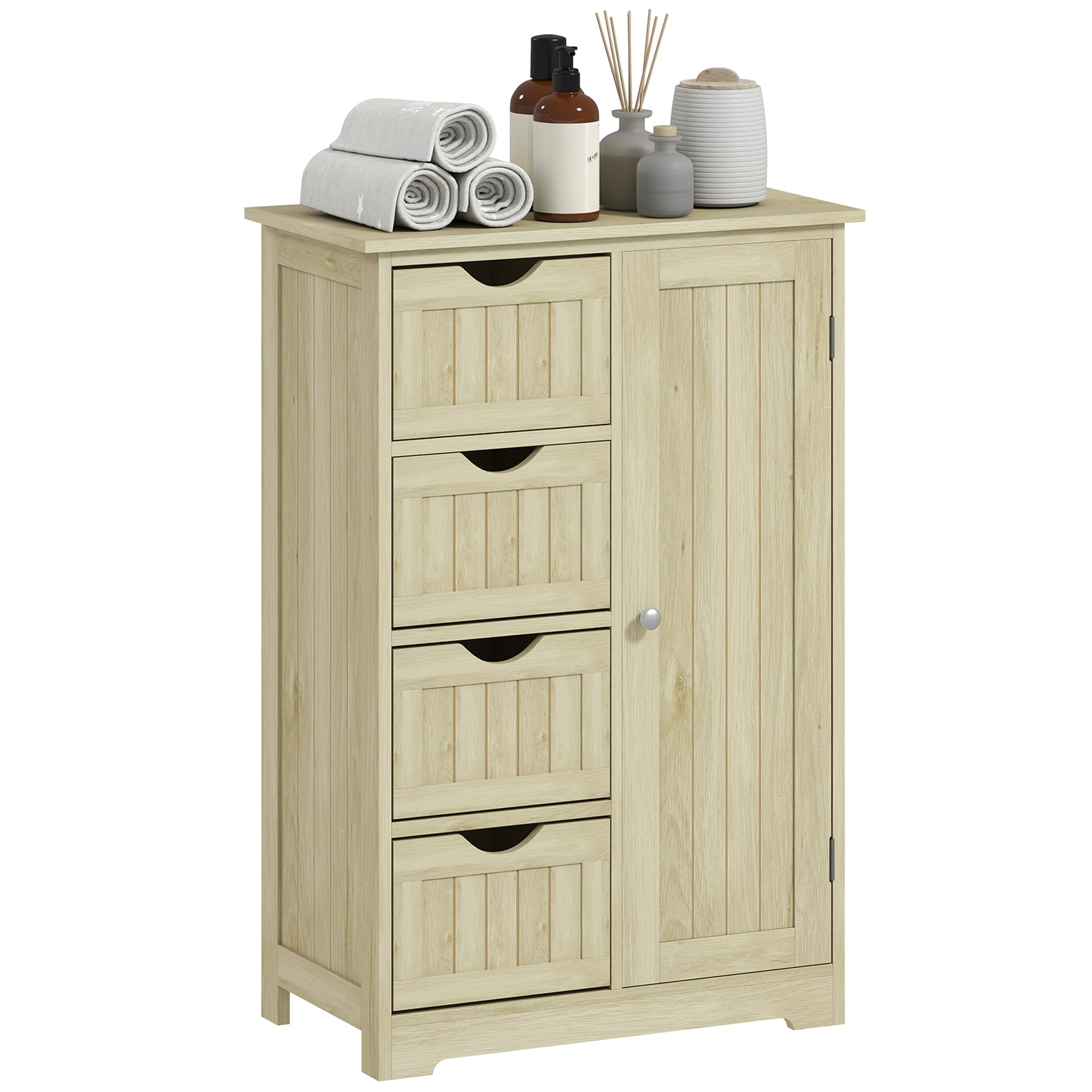 kleankin Armario de Baño Mueble Auxiliar Baño con 4 Cajones 56x30x83 cm | Estante Ajustable, Estilo Moderno, para Espacios Pequeños, Estrecha, Madera Natural