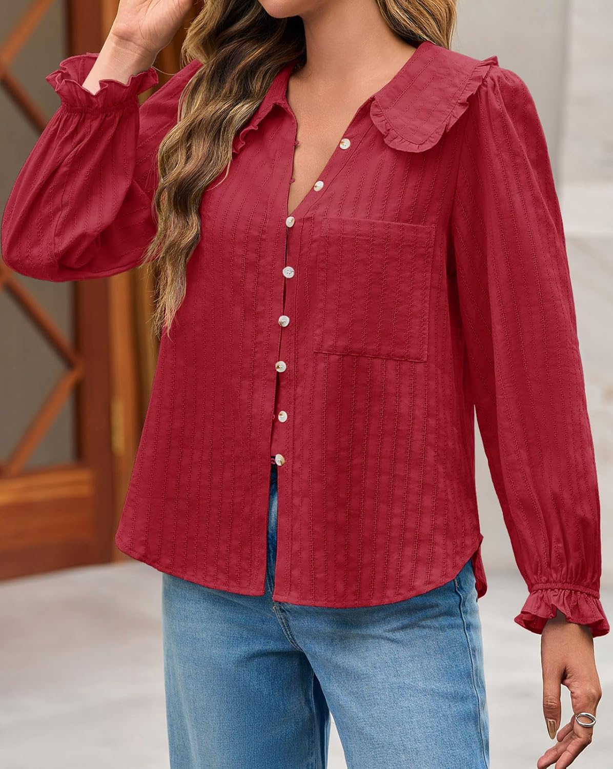 Tankaneo Womens Peter Pan Collar Shirts Puff Long Sleeve Button Down Cotton Blouse Casual Fall Textured Tops - Image 5