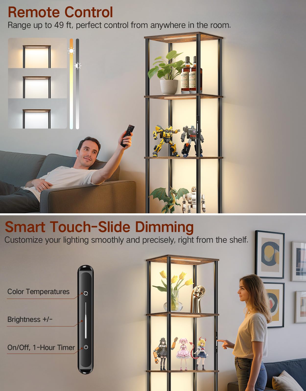 OUTONLIFE LED Vloerlamp met Plank, 3 Kleurtemperaturen, Dimbaar met Touch & Afstandsbediening, Hoekrek met 5 Lagen en Verlichting, Smalle Boekenkast voor Woonkamer, Slaapkamer, Kantoor