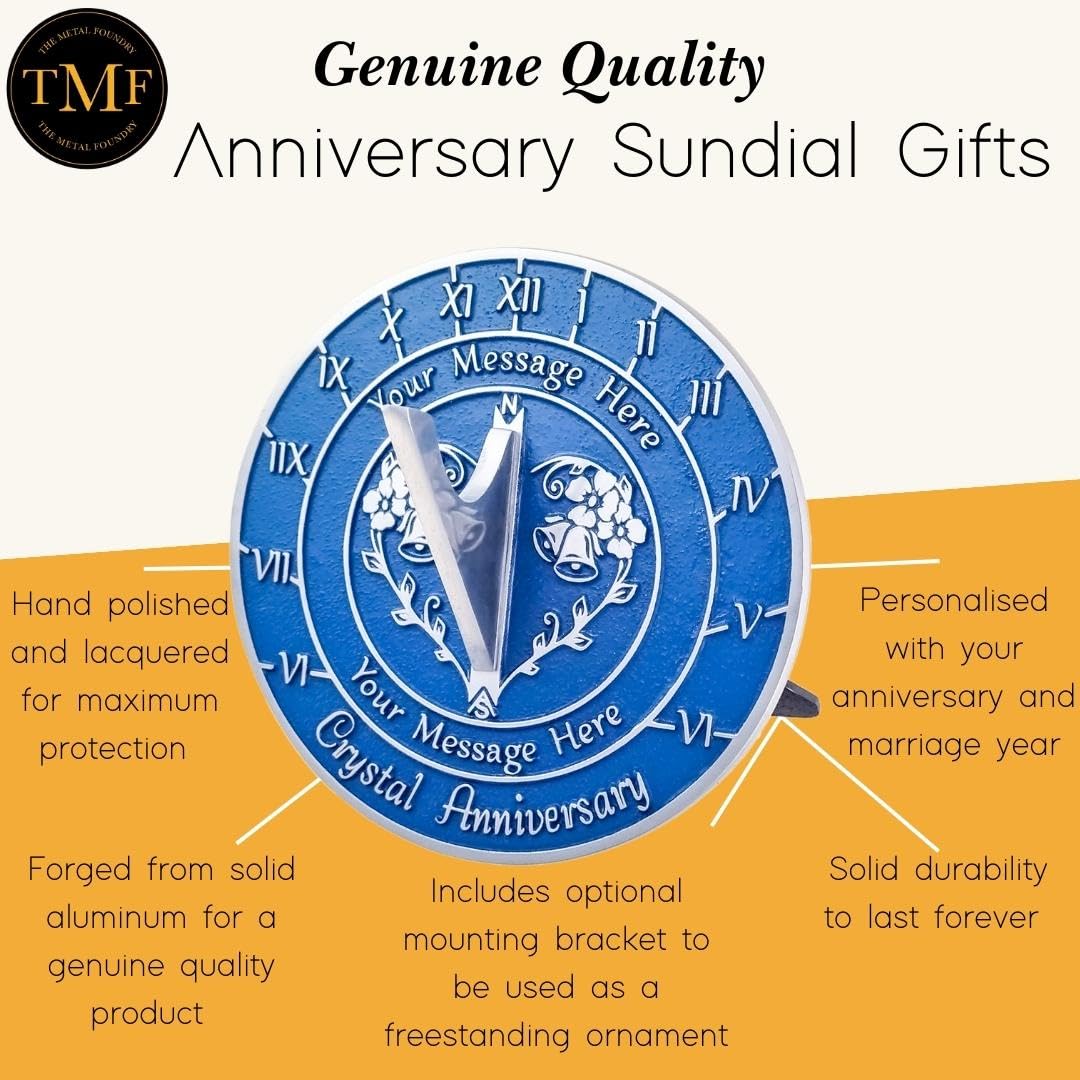 Handmade Crystal (15th) Wedding Anniversary Sundial Gift - 2025 Engraved Blue Aluminum Sundial For Couples, Parents - Made In UK
