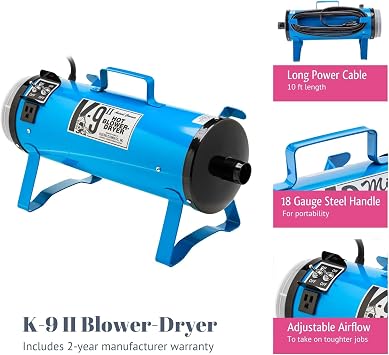 Electric Cleaner Company ECC K-9 II Variable Speed Dog Dryer, Professional Grooming Blower with Adjustable Airflow, Metallic Blue