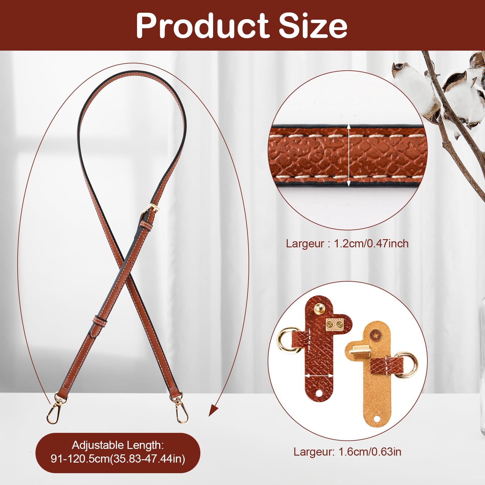 Bandoulière Réglable pour Sac Longchamp Mini, Marron, Sangle à Boucle Sans Perforation avec 2 Adaptateurs