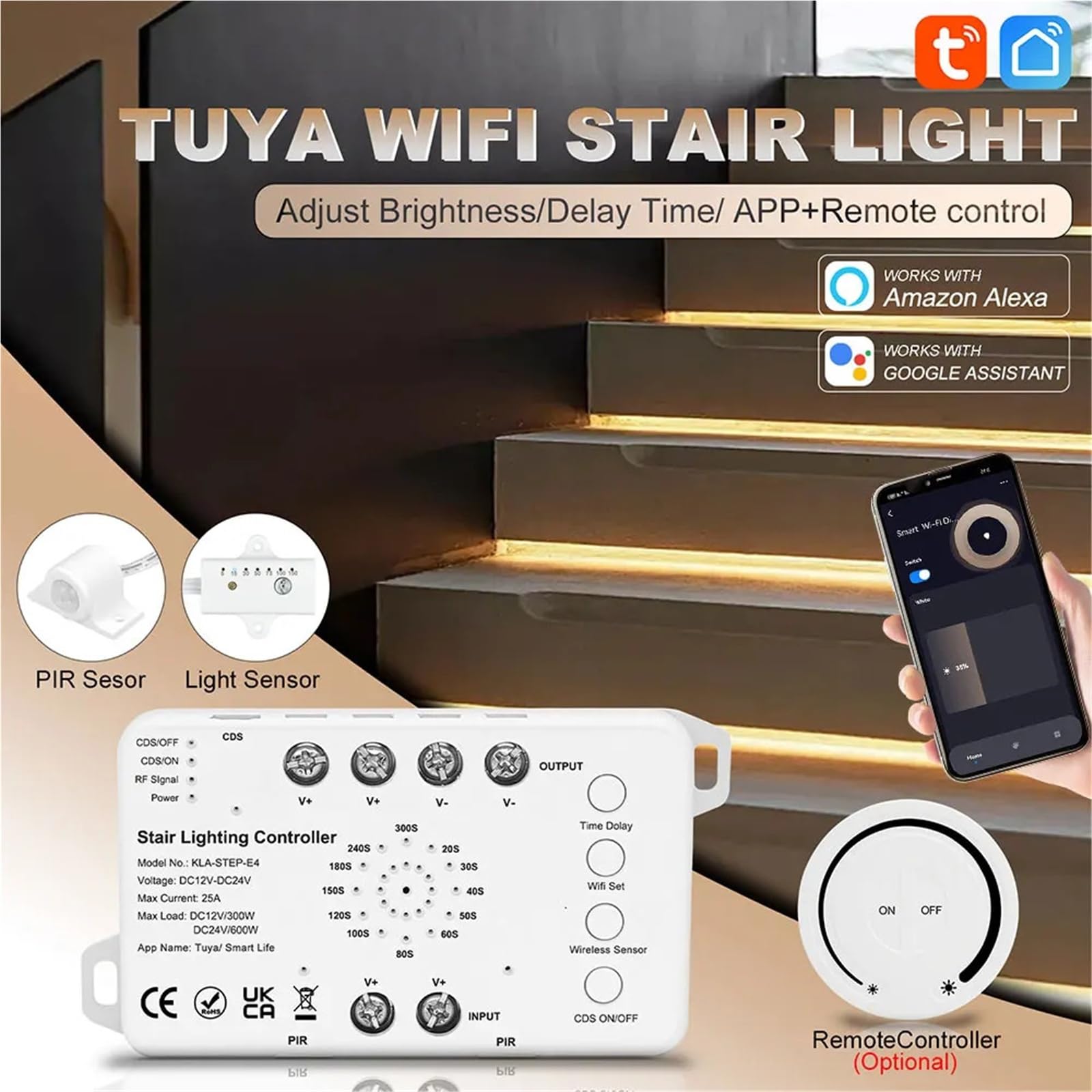 Stair LED Light Strip WiFi Tuya Motion Sensor Smart Step Lighting 1-30 Steps Easy Insallation Stairway Kit(3000K Dimmer Panel,For 13 Stair Steps)