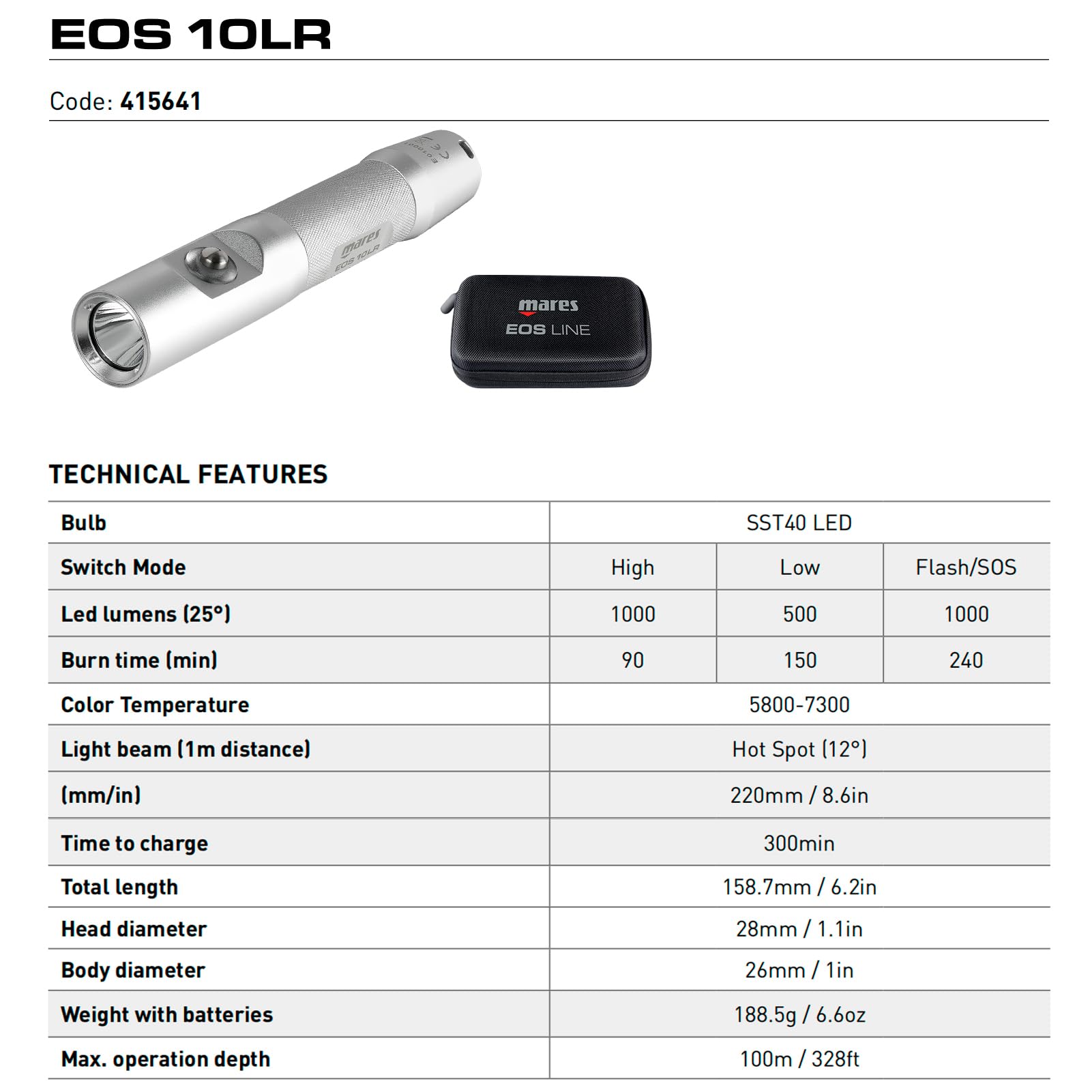 Mares EOS 10Lr Torcia Subacquea Alluminio Unisex