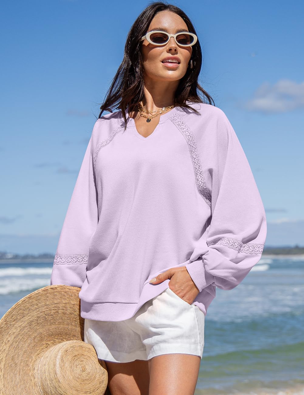 UEU Womens V Neck Crochet Sweatshirt Long Sleeve Oversized Pullover Loose Fit Casual Knit Tops Lightweight Sweater Shirt - Image 2