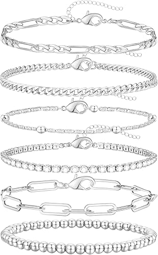 adoyi Dainty Gold Silver Chain Bracelets Set for Women Girls 14K18K Real Gold Plated Layered Link Chain Bangle Bracelets Pack for Women Adjustable