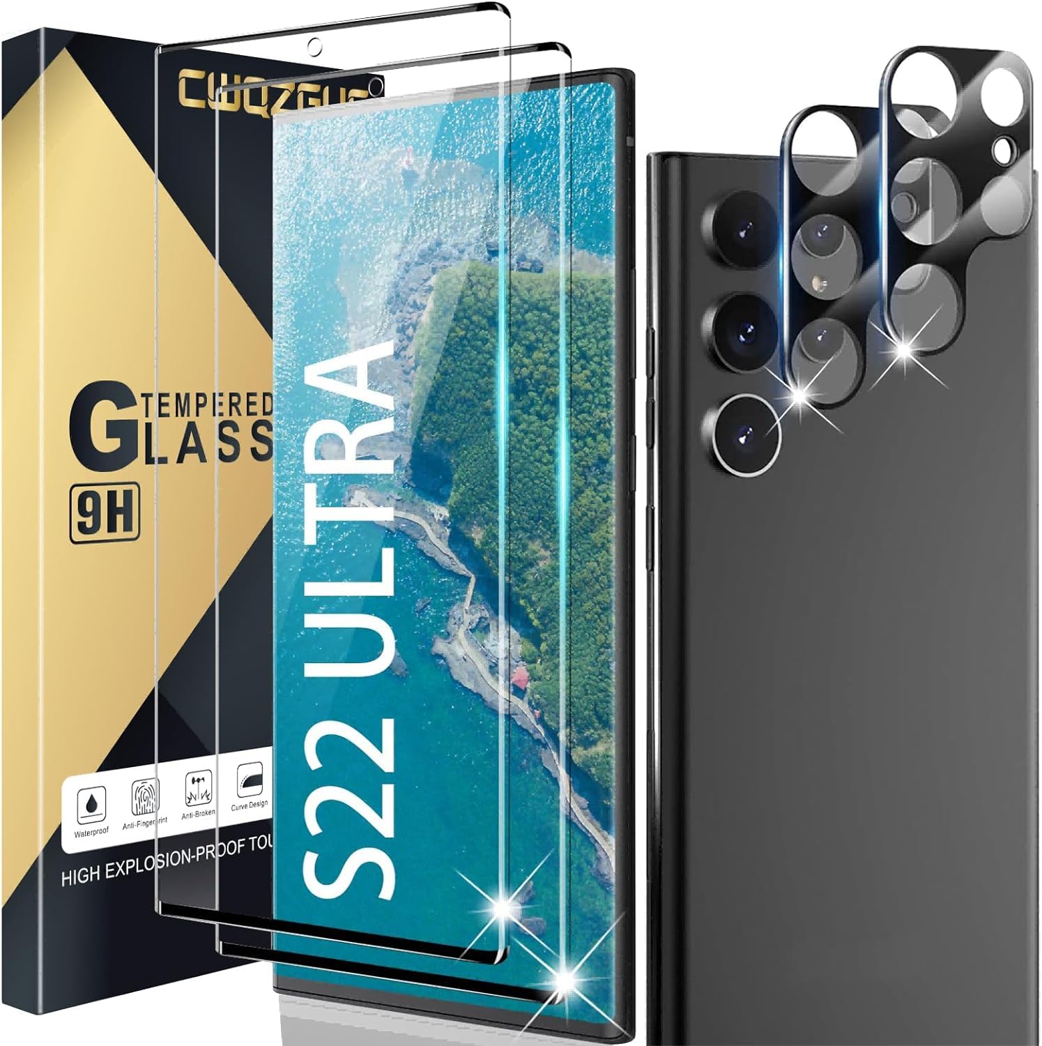 Galaxy S22 Ultra Screen Protector [2+2 Pack] Camera Lens Protector, Fingerprint Unlock Support, HD Tempered Glass, Touch Sensitive, Anti Scratch, for Samsung S22 Ultra 5G Glass Screen