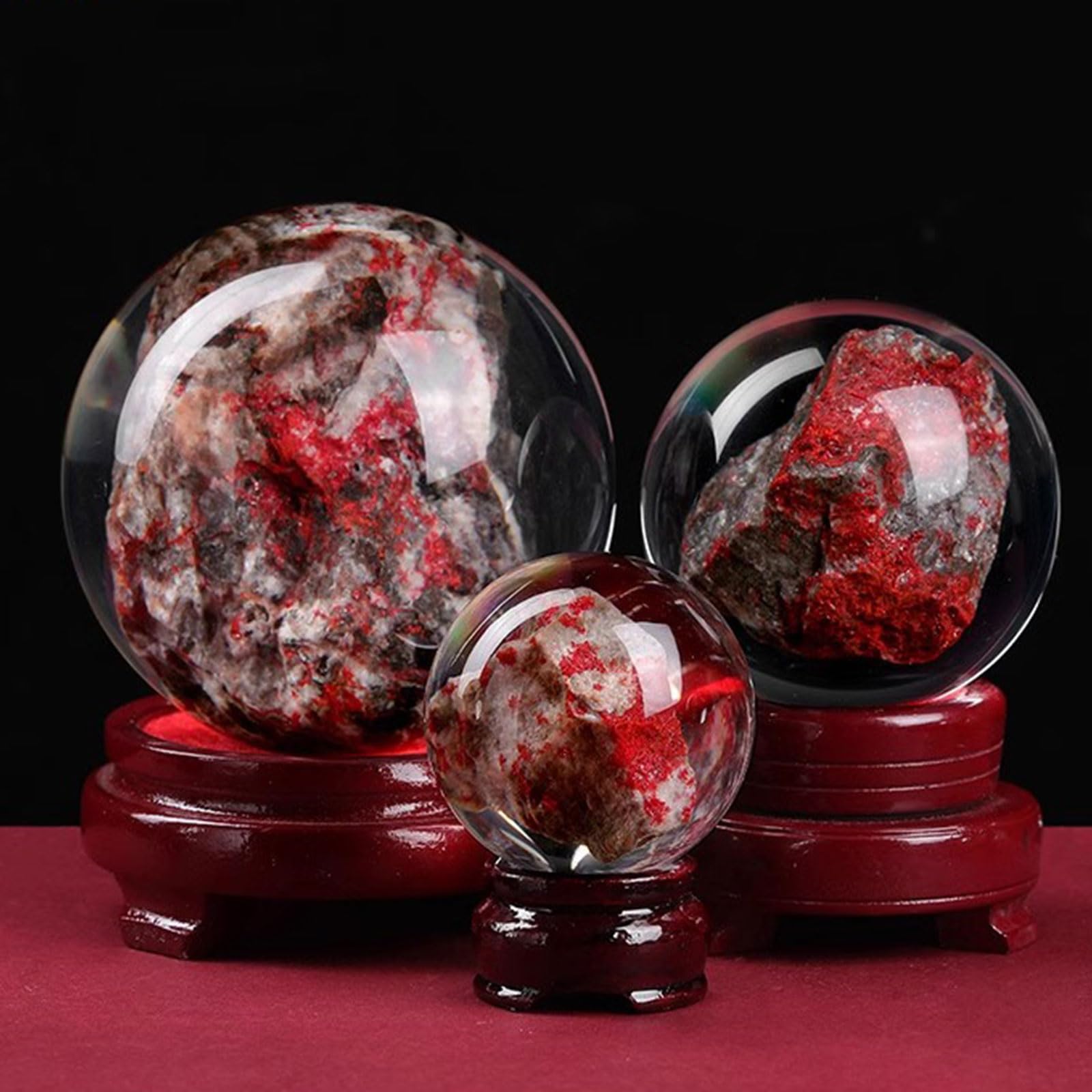 Gran Bola de Cristal de curación - Sphere de ornamería de Cuarzo Natural Cinnabar - Decoración de Piedra Pulida con Soporte de Madera para la adivinación y decoración del hogar,10cm/3.9"