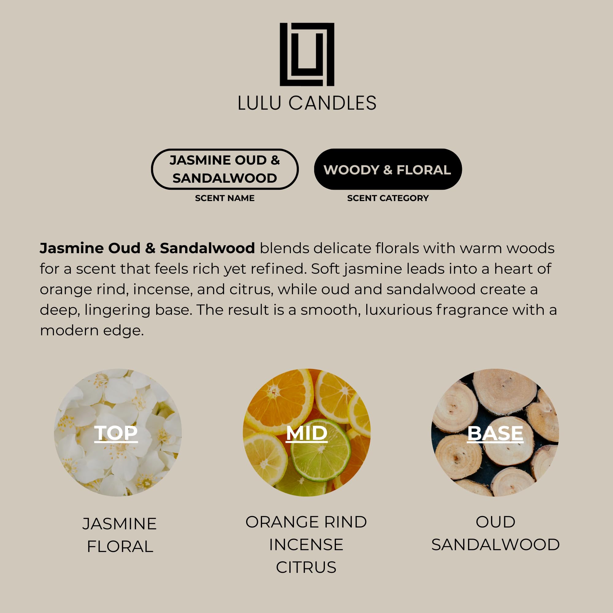 Lulu Candles Gelsomino, Oud E Sandalo | Candela Profumata Lusso Vaso di Soia | Mano Versato negli Stati Uniti | Altamente Profumato E di Lunga Durata- 9 Once. Nessun Coperchio