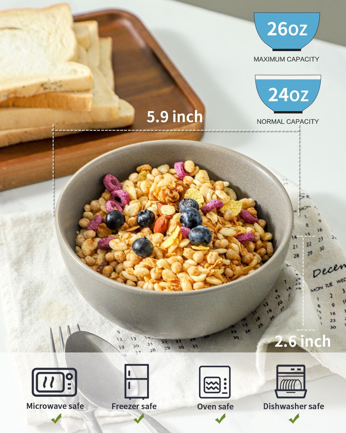 Cereal Bowls Set of 4, 24 oz Ceramic Bowls for Kitchen, Stoneware Soup Bowls for Salad, Ramen, Snack, Dessert, Unique Housewarming Gift, Dishwasher Microwave Safe, Matte Gray - Image 2