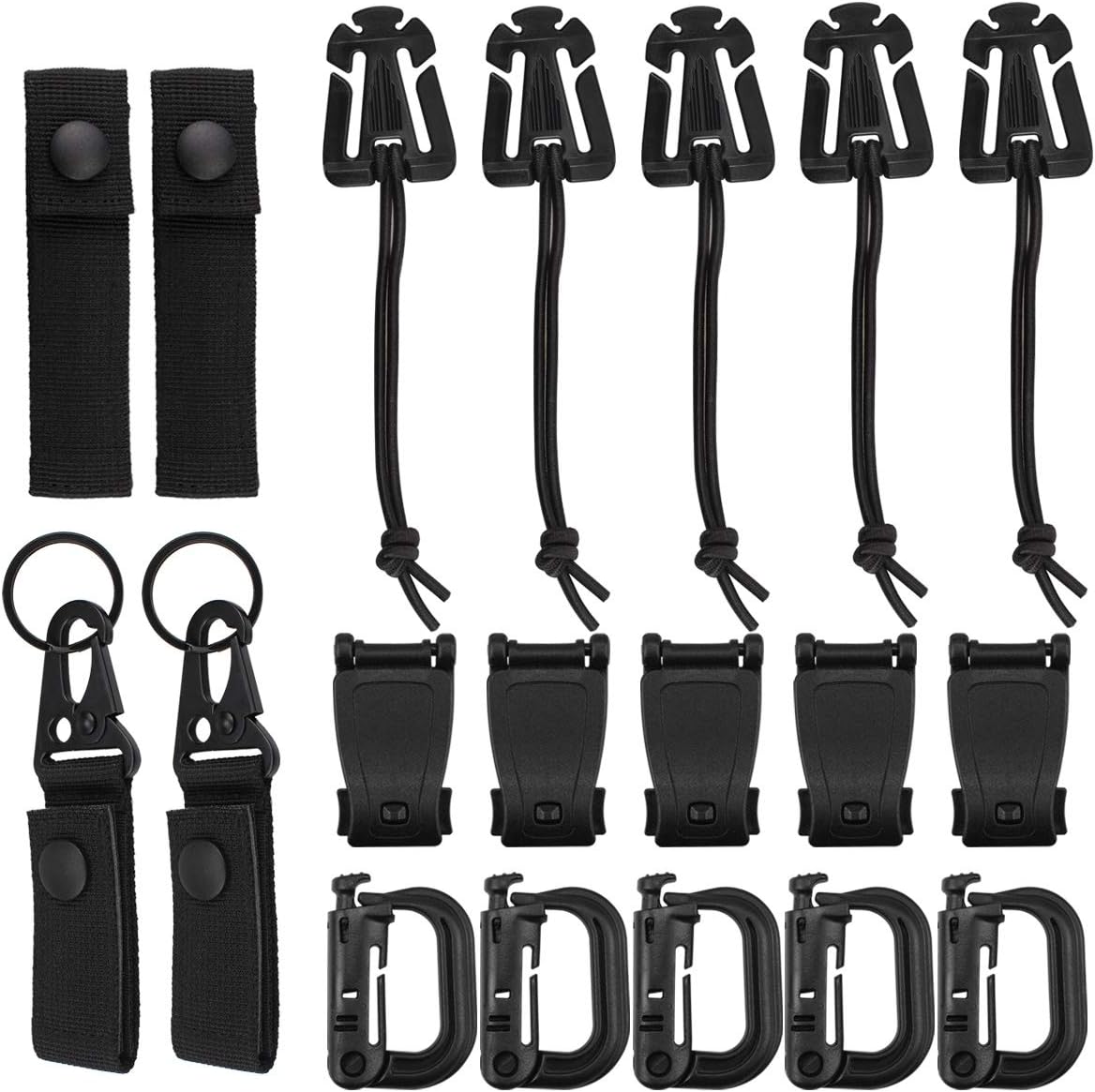 Tactical Gear Clip Set,Yotako 19 Pieces Molle Webbing Attachments for Tactical Backpack Molle Bag,D-Ring Locking,Web Dominator Elastic String &Buckles,MOD Straps,Key Ring Holders