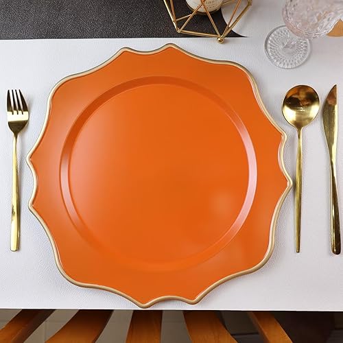 Miniatura 4 de Cargadores naranjas para platos de cena, 13 pulgadas, de plástico festoneado, juego de 6 platos decorativos para servicio de carga, para bodas,